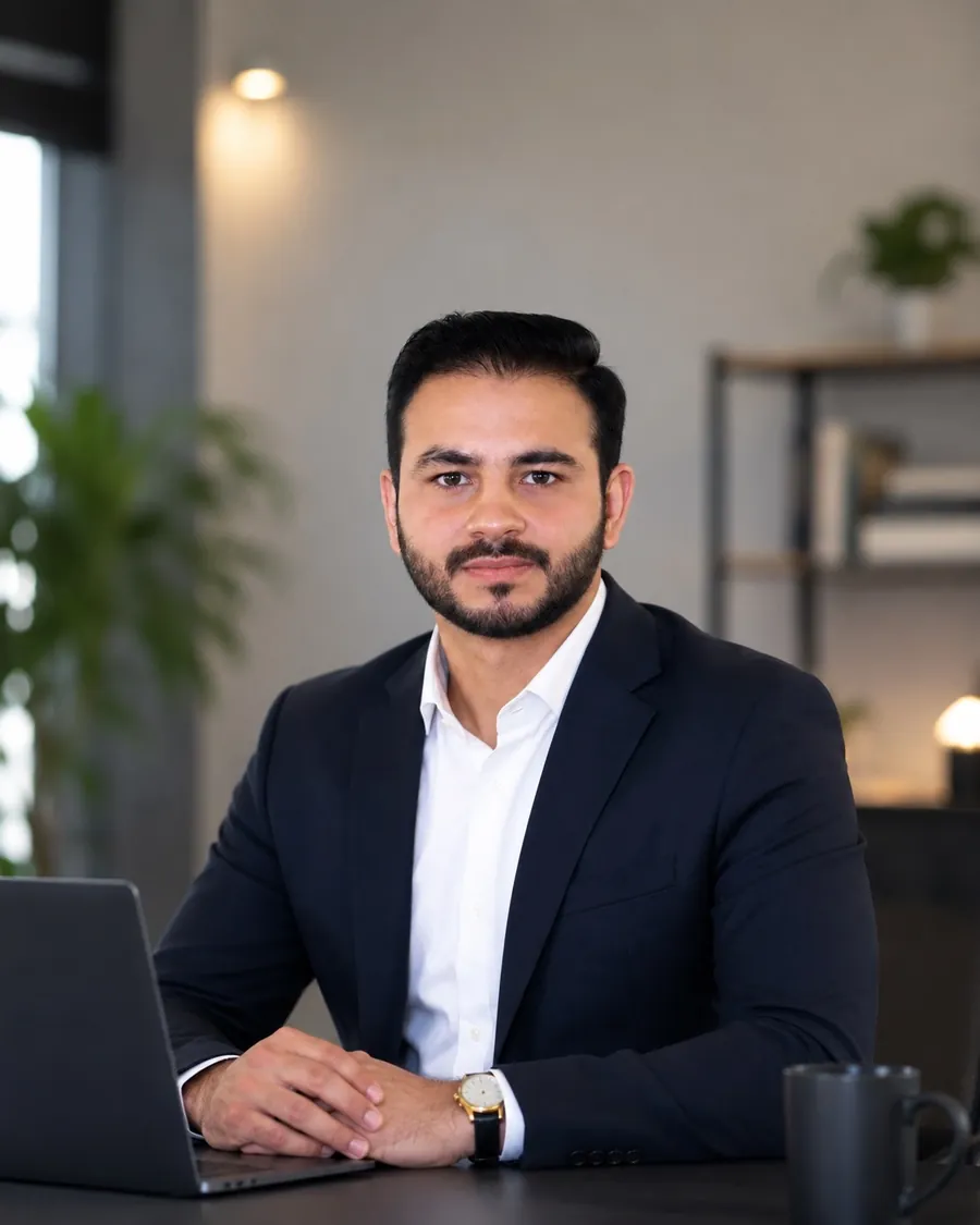 Usman Asif seated at his desk